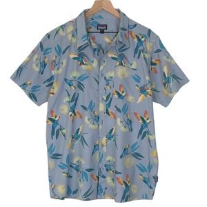 PATAGONIA Tropical Bird Print Organic Cotton Blend Shirt Men's XL Blue Multi S/S